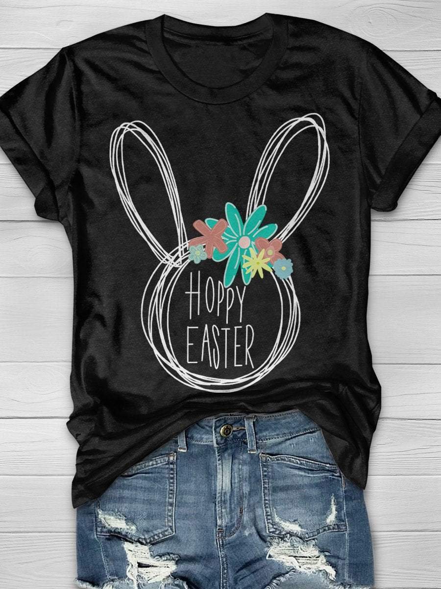 Hoppy Easter Floral Bunny Print Short Sleeve T-shirt