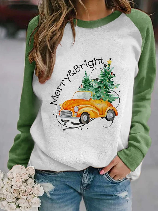 Women's Merry And Bright Christmas Tree🎄&Car Print Casual Sweatshirt-mysite
