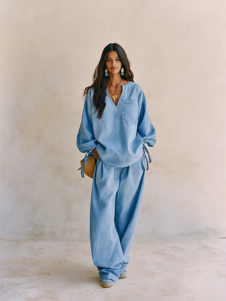 Women's Denim Two-Piece Set - V-Neck Tie-Sleeve Top & Wide Leg Pants