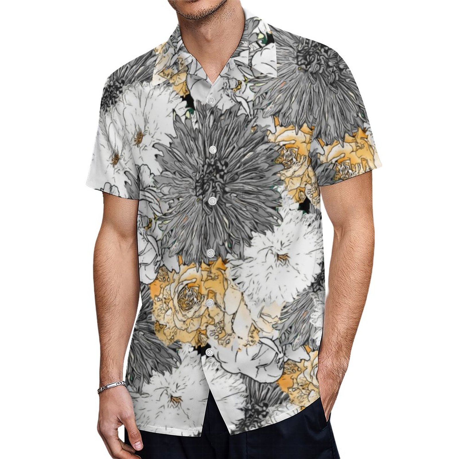Cute Girly Yellow Gray Floral Illustration Hawaiian Shirt Mens Button Down Tropical Hawaii Beach Shirts