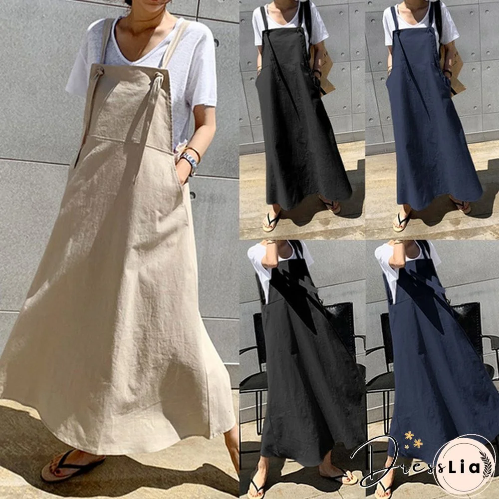 Women Summer Plus Size Strappy Maxi Sundress Loose Solid Pinafore Overalls Holiday Dress Oversized