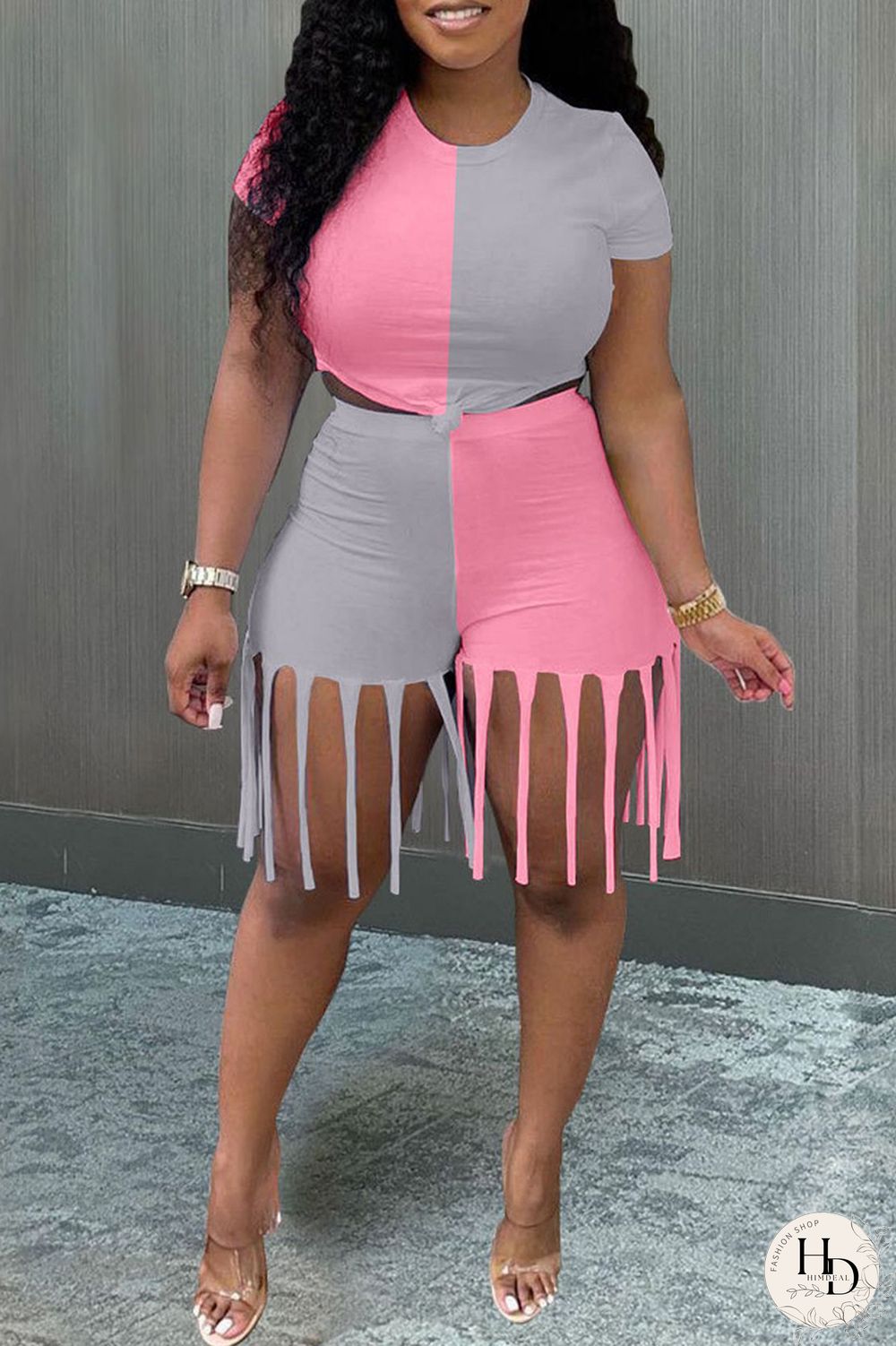 Yellow Blue Fashion Casual Patchwork Tassel O Neck Short Sleeve Two Pieces