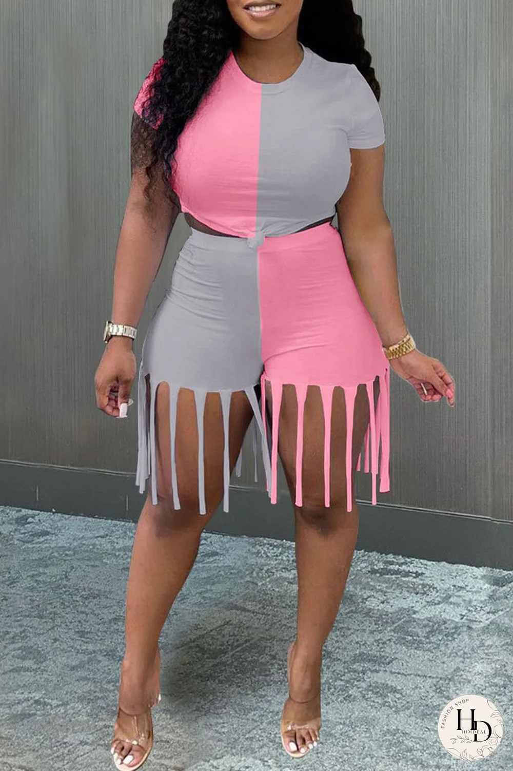 Yellow Blue Fashion Casual Patchwork Tassel O Neck Short Sleeve Two Pieces