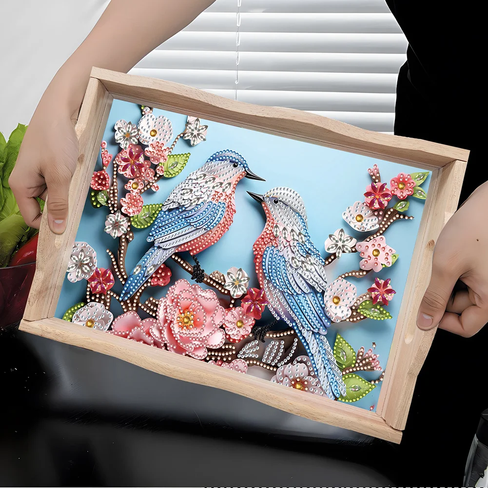Wooden Flowers Birds 5D DIY Diamond Painting Serving Tray for Home Decor