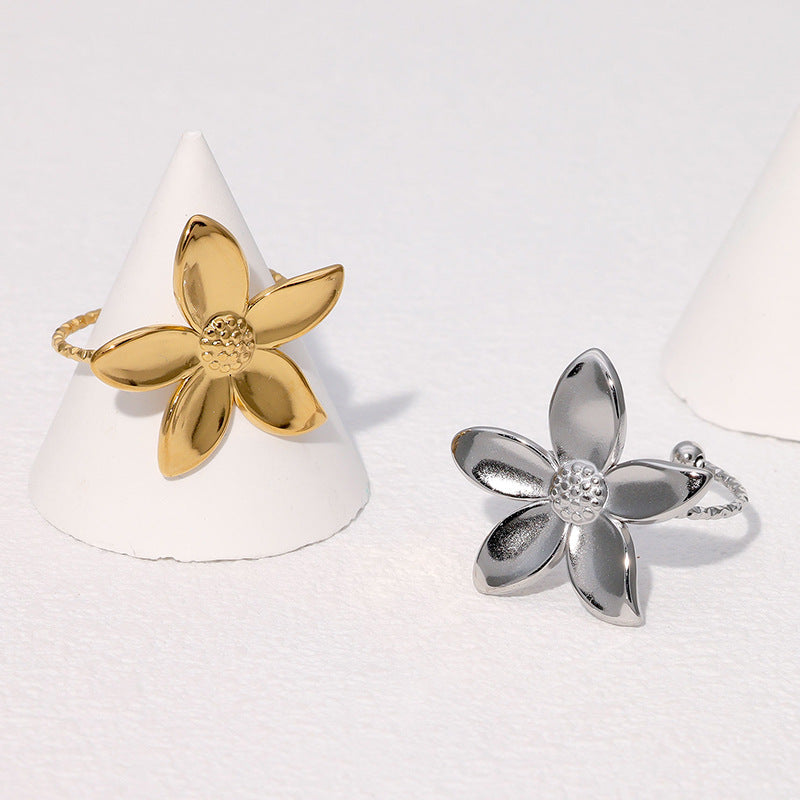 Simple And Fresh Ins Fashionable And Versatile Flower Gold-Plated Adjustable Sweet Stainless Steel Ring