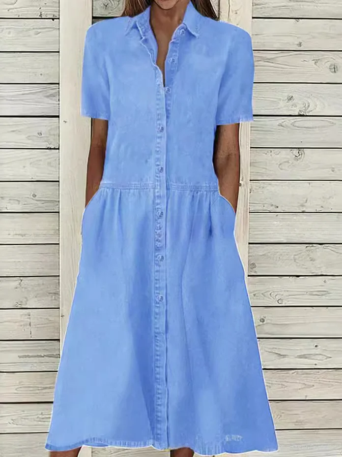Women's Summer Cotton and Linen Mid-Sleeve Waist Solid Color Shirt Dress socialshop