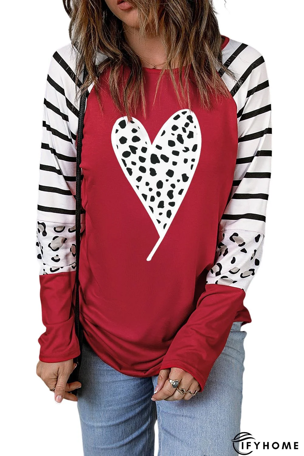 Red Valentines Leopard Heart Print Color Block Long Sleeve Top | IFYHOME
