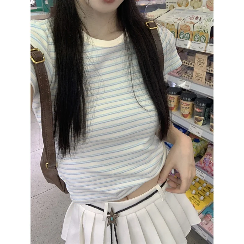 Brownm Brownm Short-Sleeved Striped T-Shirt Female 2024 Summer Hot Girl Slim Slim Bottom Shirt Versatile Student Short Top