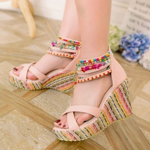 Beads ankle straps peep toe wedge sandals bohemia wedge heels sandals