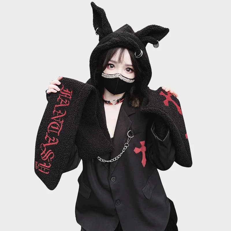 Cross Print Rabbit Ears Lamb Fur Scarf