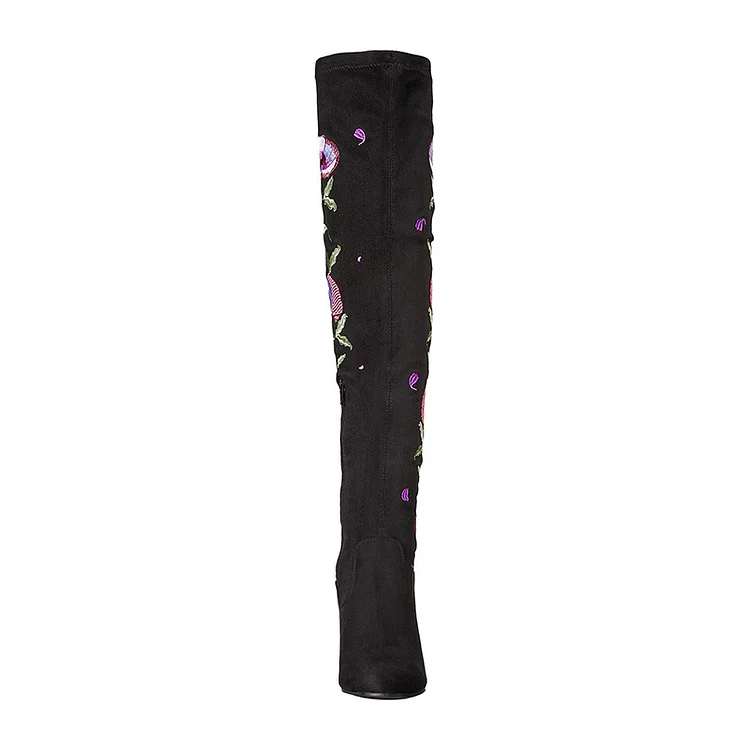Black Embroidery Suede Chunky Heel Boots Over the Knee Long Boots |FSJ Shoes