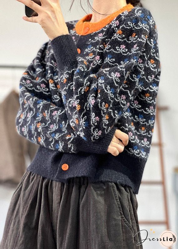 Plus Size Black O-Neck Jacquard Patchwork Knit Cardigans Winter