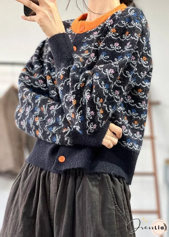 Plus Size Black O-Neck Jacquard Patchwork Knit Cardigans Winter