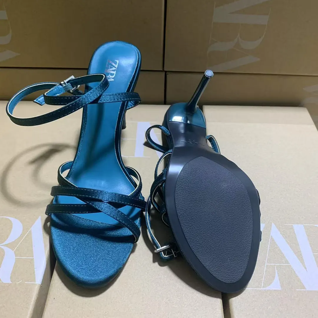 Breakj Breakj Home 2025 New French High-Heeled Women's Shoes Tip With Cross-Clasp Fashion Dew Sandals Female Peacock Green