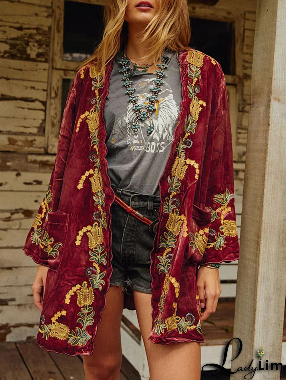 Casual Floral Velvet Pocket Wavy Trim Open Front Coat