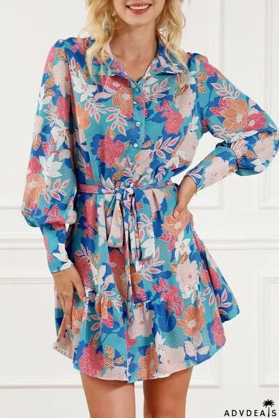 Floral Tie Waist Lantern Sleeve Ruffled Hem Mini Dress