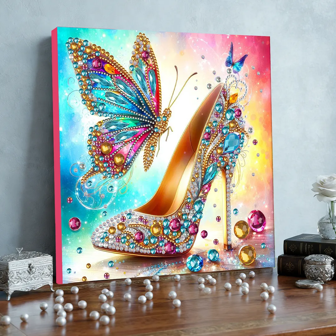 Butterfly High Heels Special Shaped DIY Large Diamond Painting Kit w/ Frame 9.84x9.84inch