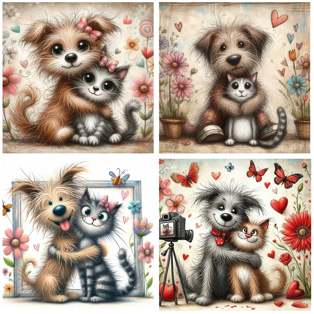4pcs Diamond Painting - Full Round Drill - Warm Cats Dogs(Canvas|30*30cm)