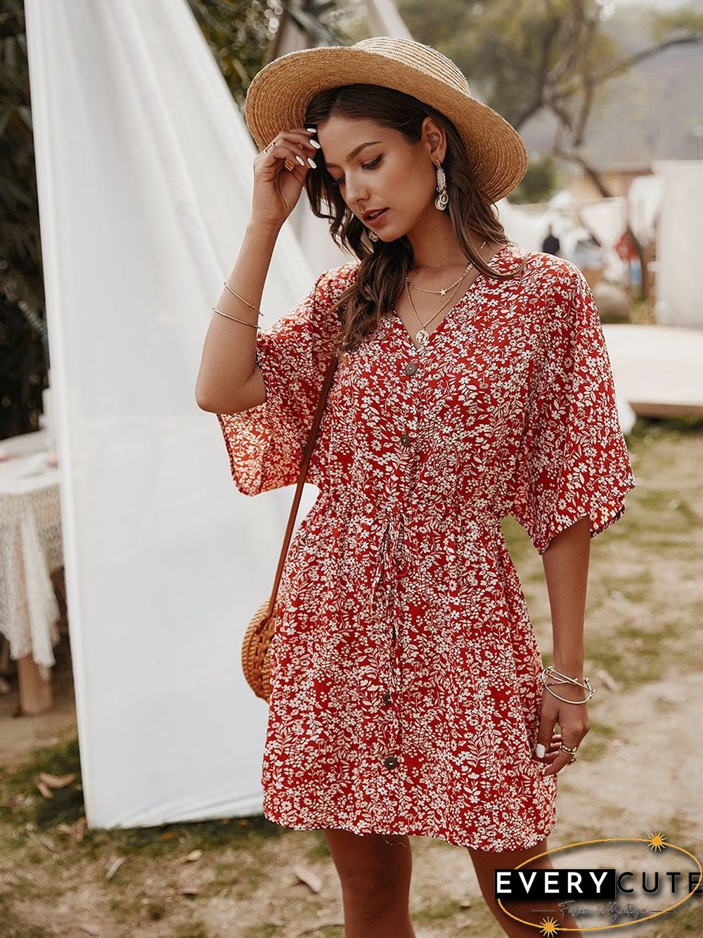 Floral V-Neck Half Sleeve Mini Dress