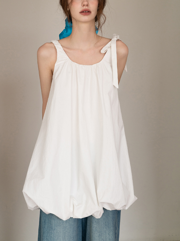 Bowknot Strap Pleated Hem Loose Solid Color Mini Dress
