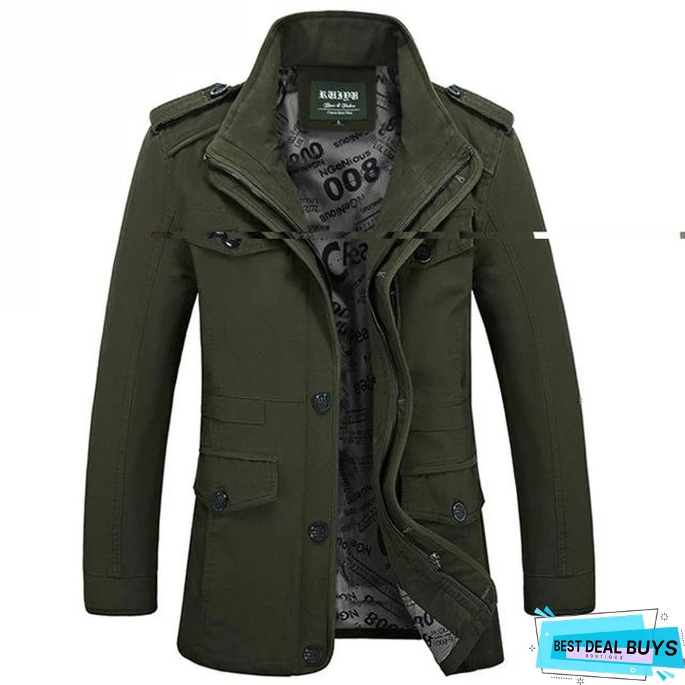 Mens Fashion Brand Casual Jacket Stand Collar Fat Slim Washed Cotton Long Jacket Coat Outwear