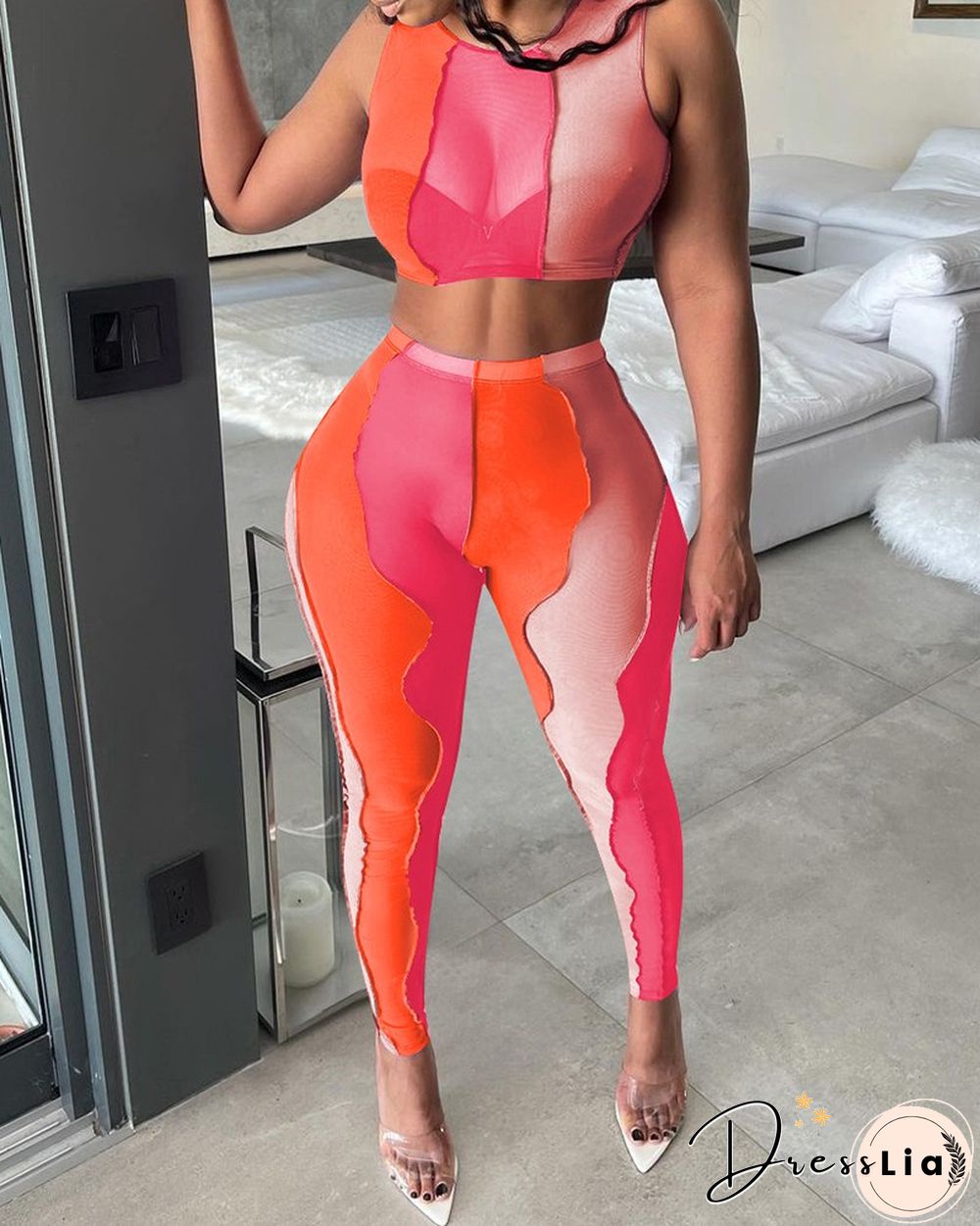 Colorblock Sheer Mesh Crop Top & Pants Set