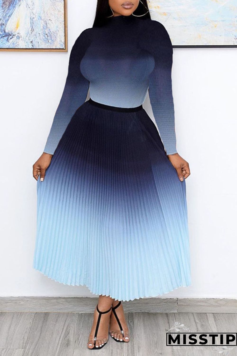 Red Casual Elegant Gradual Change Patchwork Fold Half A Turtleneck Long Sleeve Two Pieces