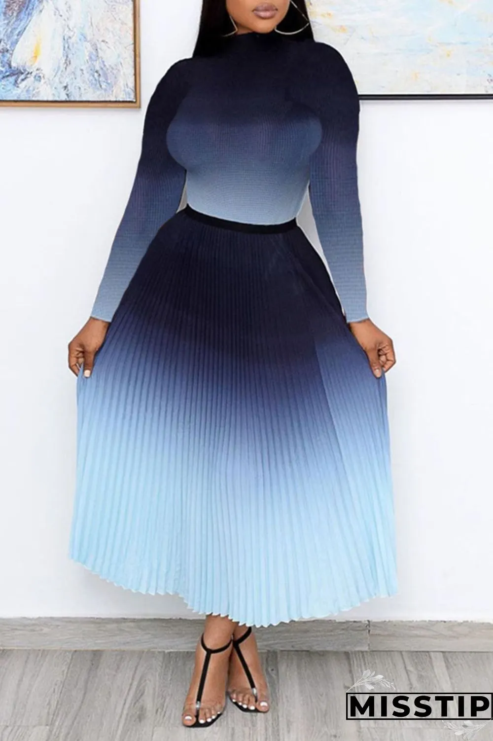 Red Casual Elegant Gradual Change Patchwork Fold Half A Turtleneck Long Sleeve Two Pieces