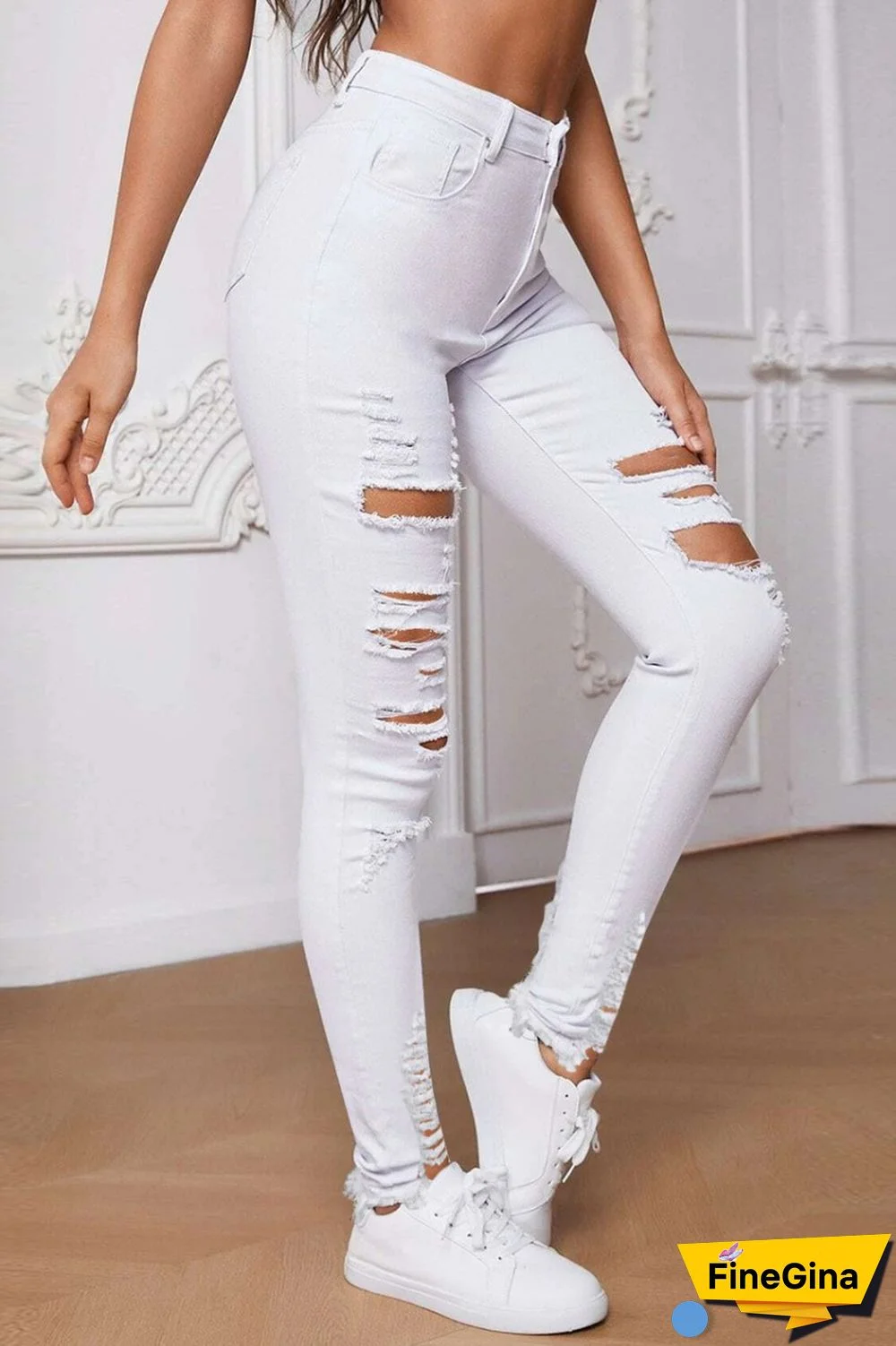 White Casual Solid Ripped Patchwork High Waist Skinny Denim Jeans