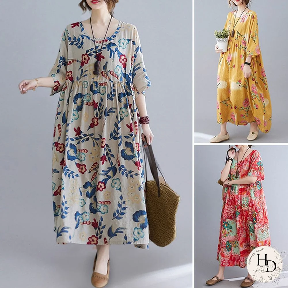 ZANZEA Women Half Sleeve Round Neck Dress Floral Print Summer Dress Casual Loose Long Dress