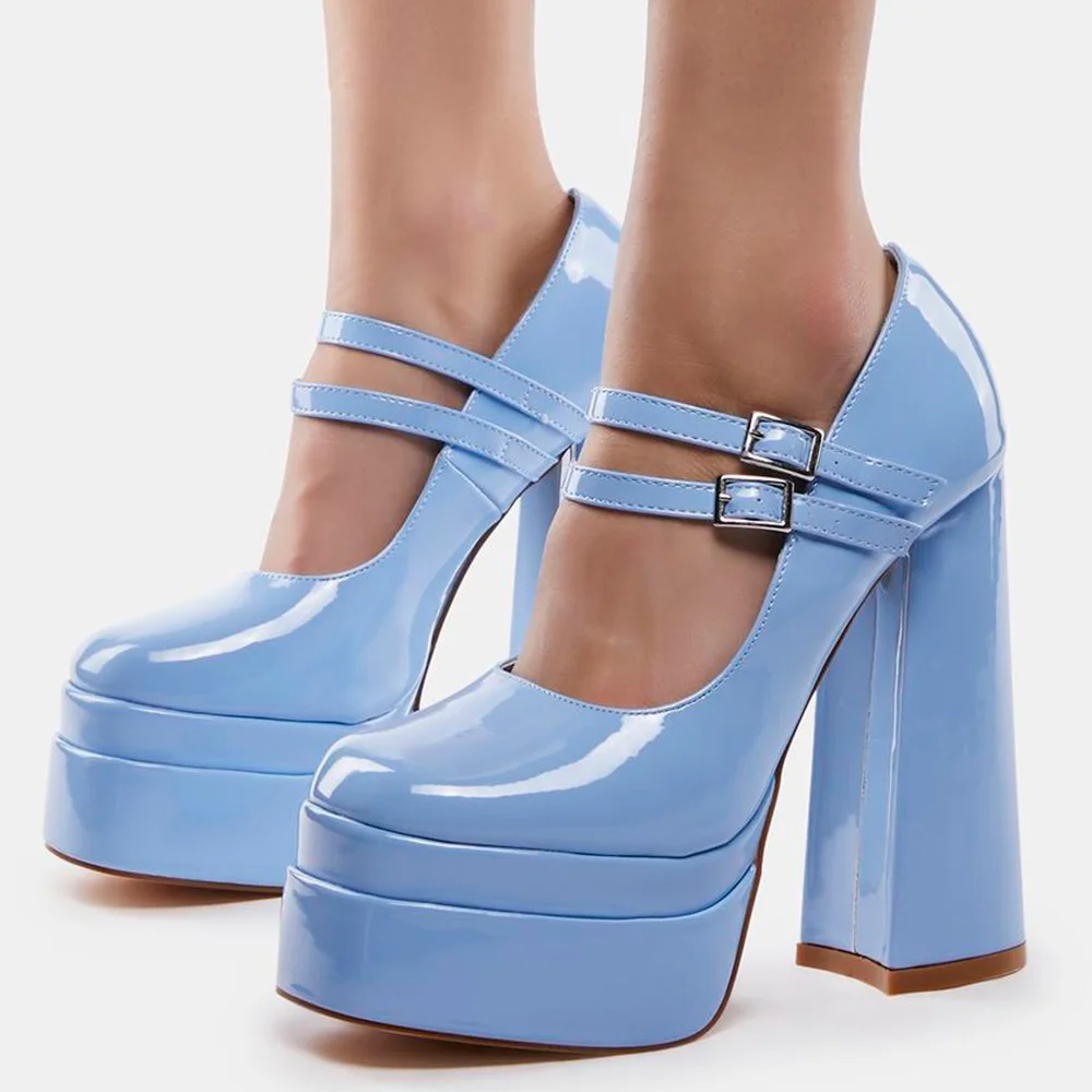 Blue Platform Mary Jane Shoes Square Toe Patent Heel High Heel Platform Pumps