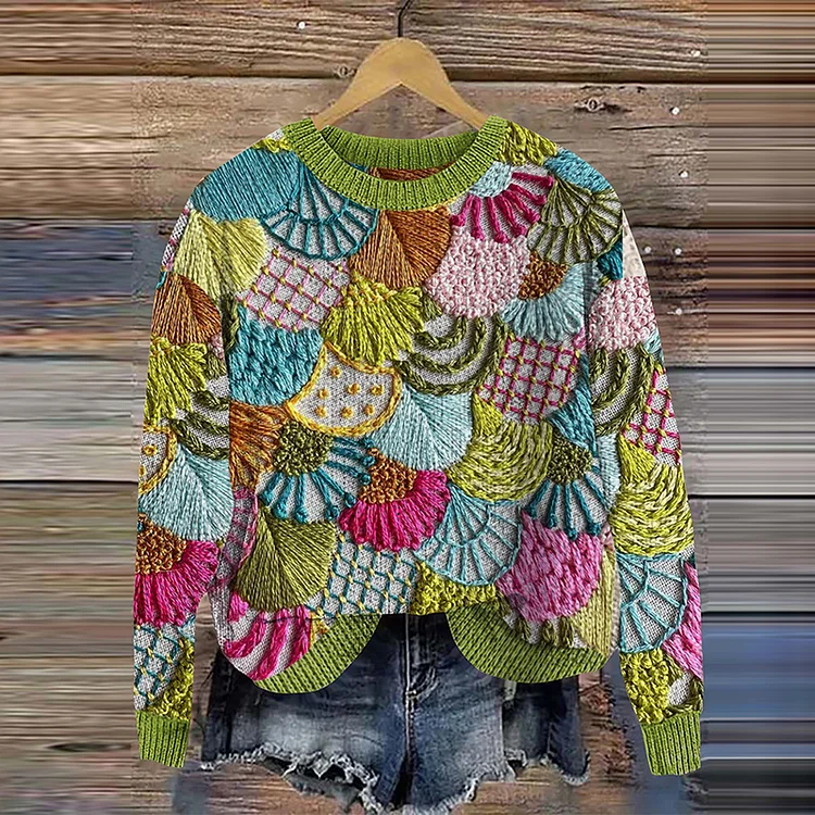 VChics Vintage Color Block Embroidery Pattern Knit Sweater