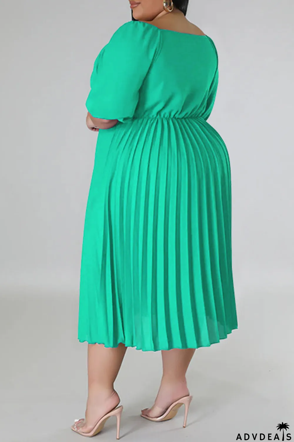 Rose Red Casual Solid Patchwork Fold V Neck Straight Plus Size Dresses