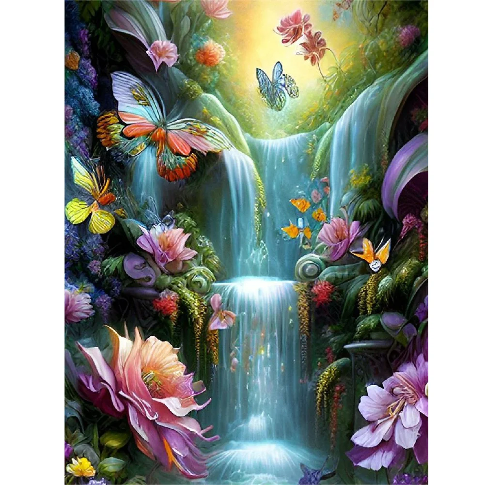 Diamond Painting - Full Round Drill - Flower Butterfly Waterfall(30*40cm)