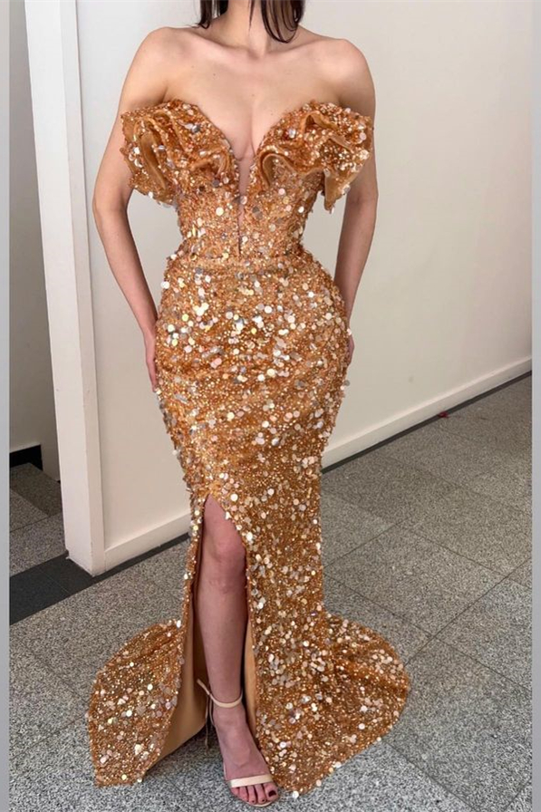 Oknass Stunning Gold Sweetheart Sleeveless Strapless Mermaid Prom Dress with Split