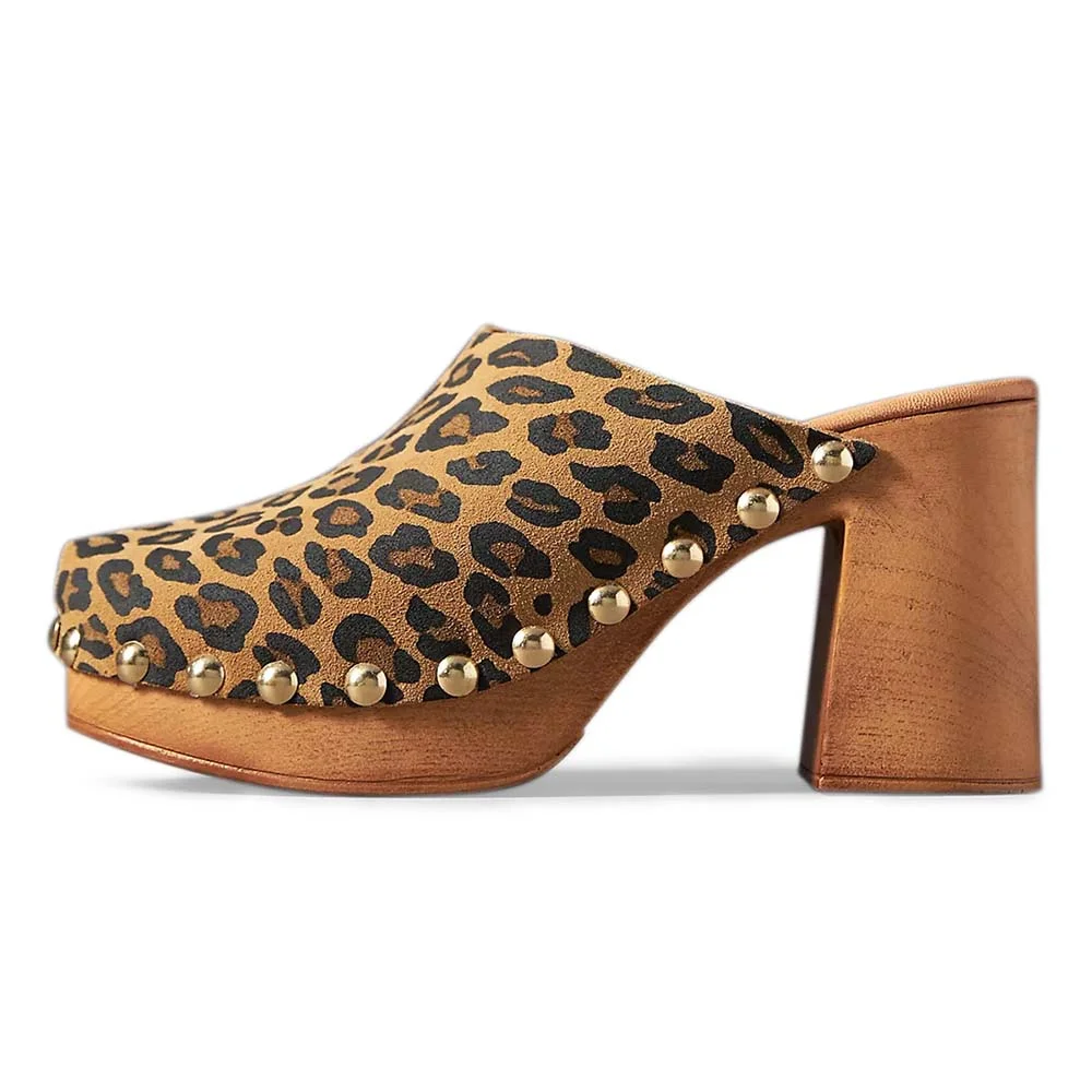 Brown Leopard Print Studded Platform Mules Shoes with Chunky Heel