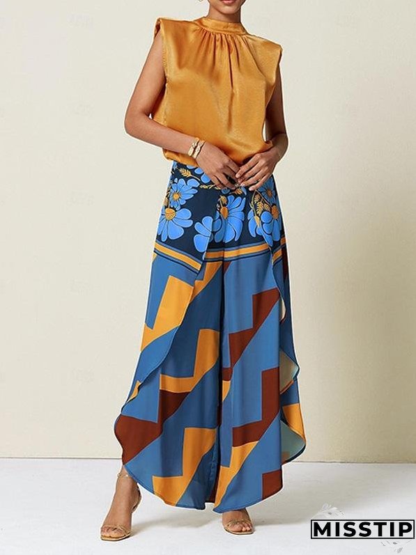 Satin Sleeveless Turtleneck Shirt Suit