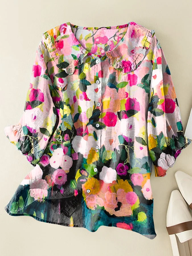 Vintage Floral Cotton and Linen Loose Peter Pan Ruffle Collar Shirt