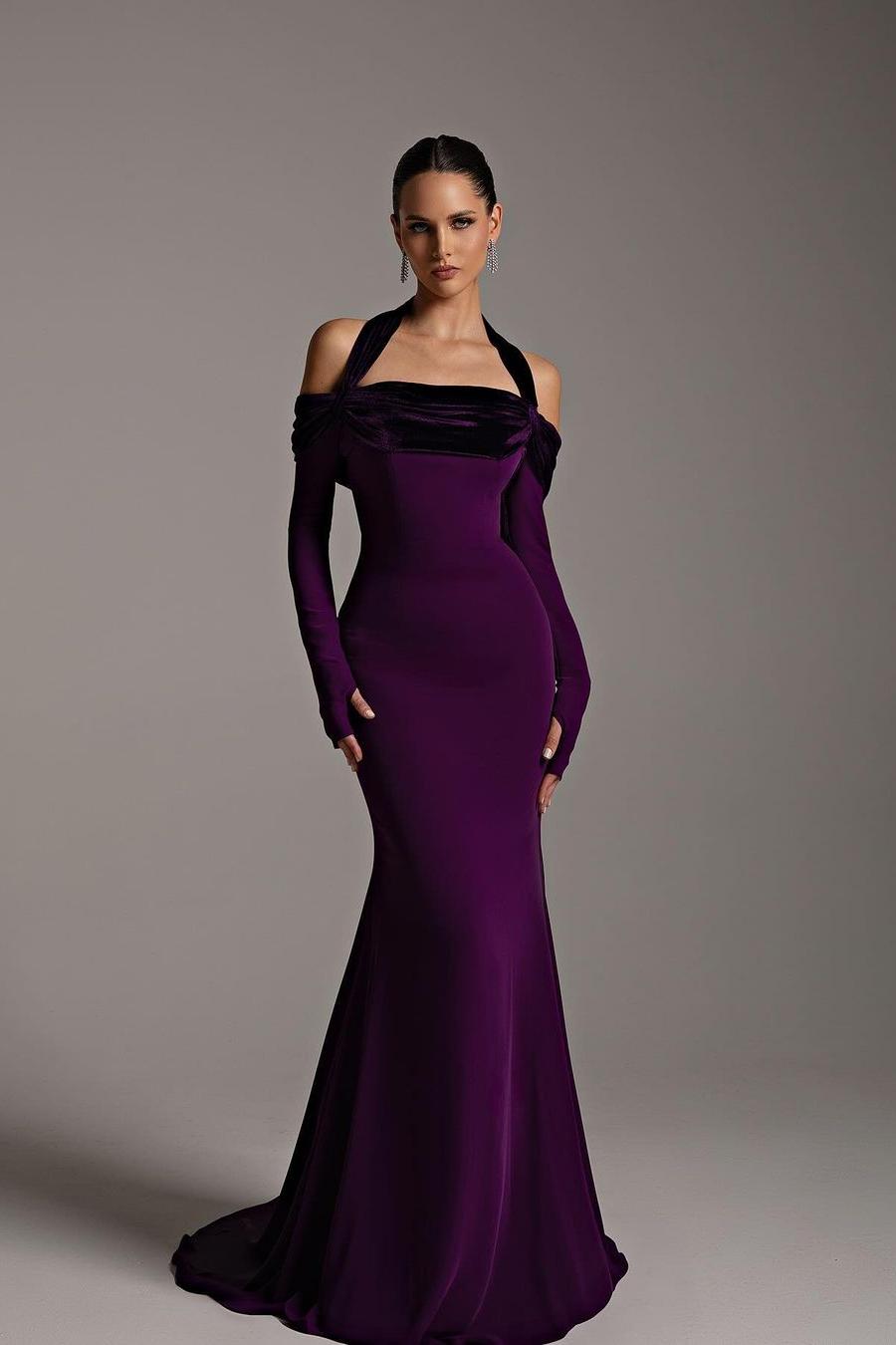 Lvs&Broner Off the Shoulder Long Sleeves Mermaid Long Prom Dress With Pleated