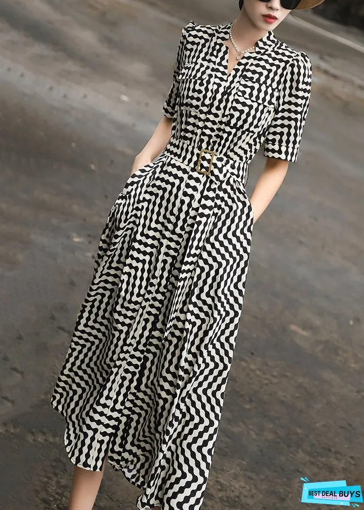 Women Black Striped Tie Waist Chiffon Dresses Summer