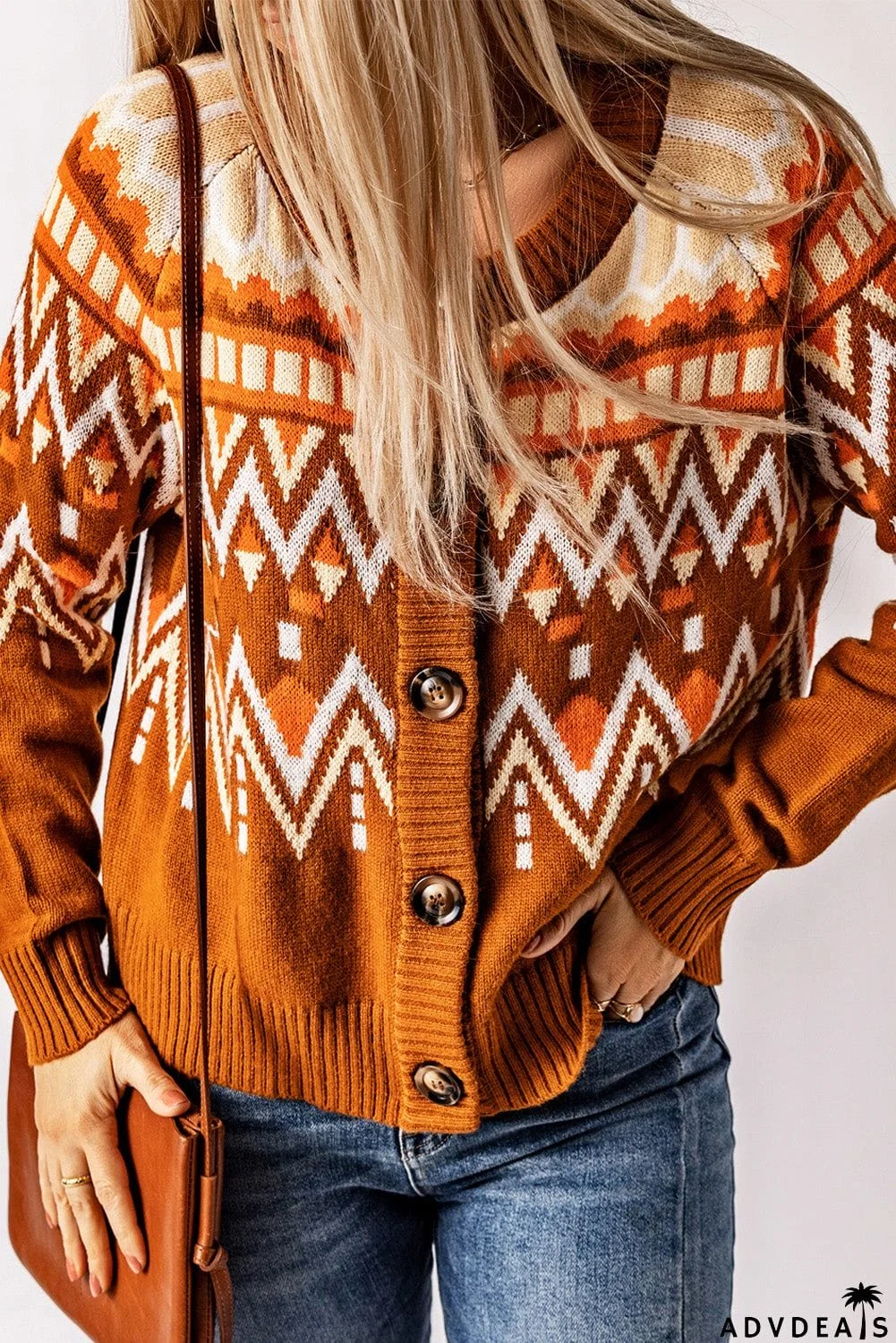 Geometric Button Down Round Neck Cardigan