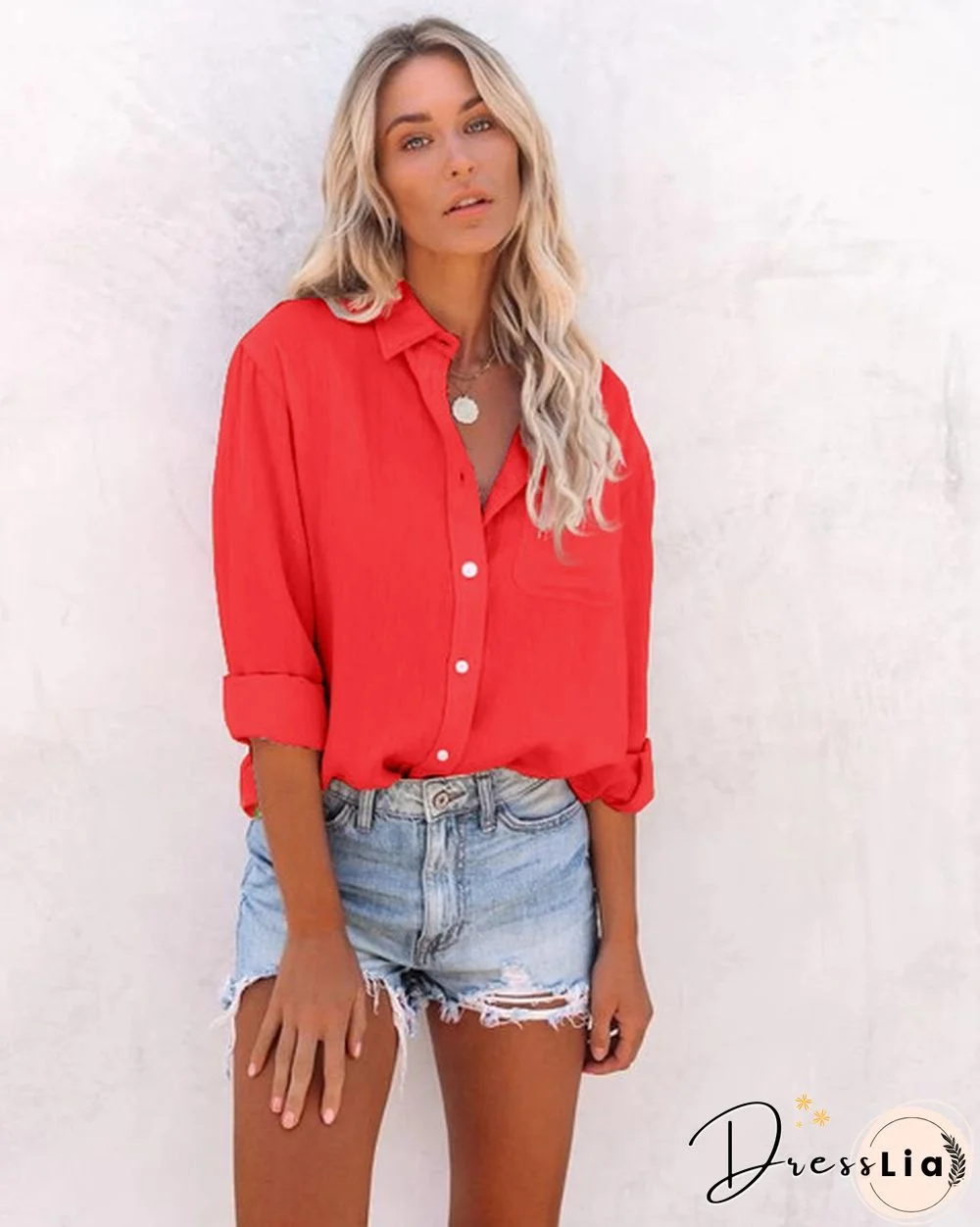 Women's Fashion Cotton Clothing Casual Long Sleeve Blouse with Pocket Pure Color Loose V-neck Tops Ladies Autumn and Winter Plus Size Clothes Buttoned Lapel Shirts XS-8XL