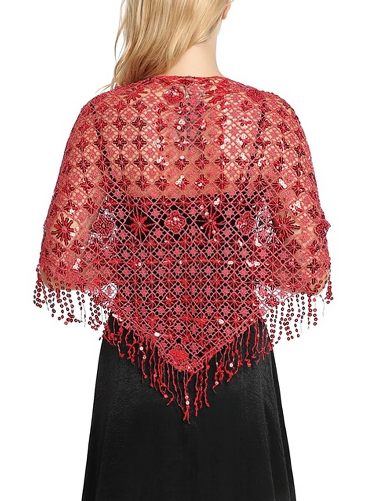 Elegant Plain Hollow Floral Sequin Fringe Triangular Shawl