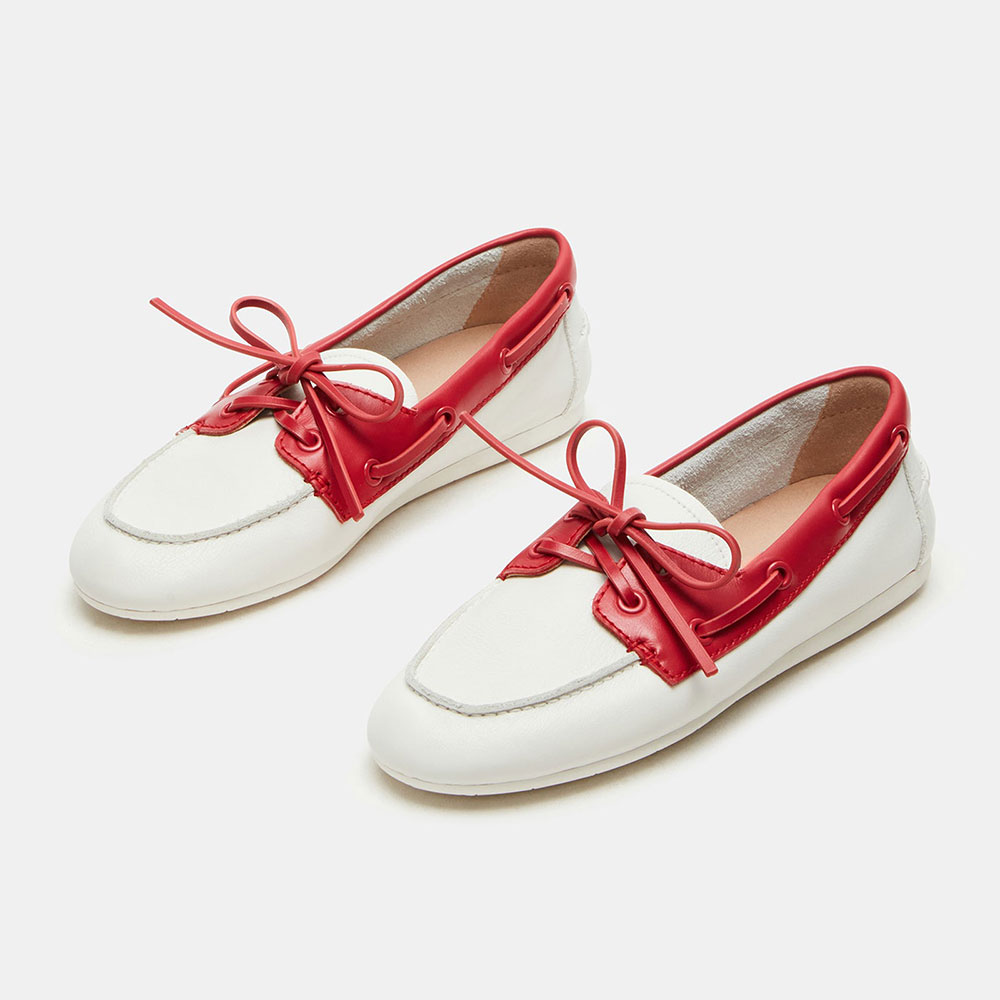 Grommet Closed Toe Loafer Red & White Lace Up Flat Shoes Women Nicepairs
