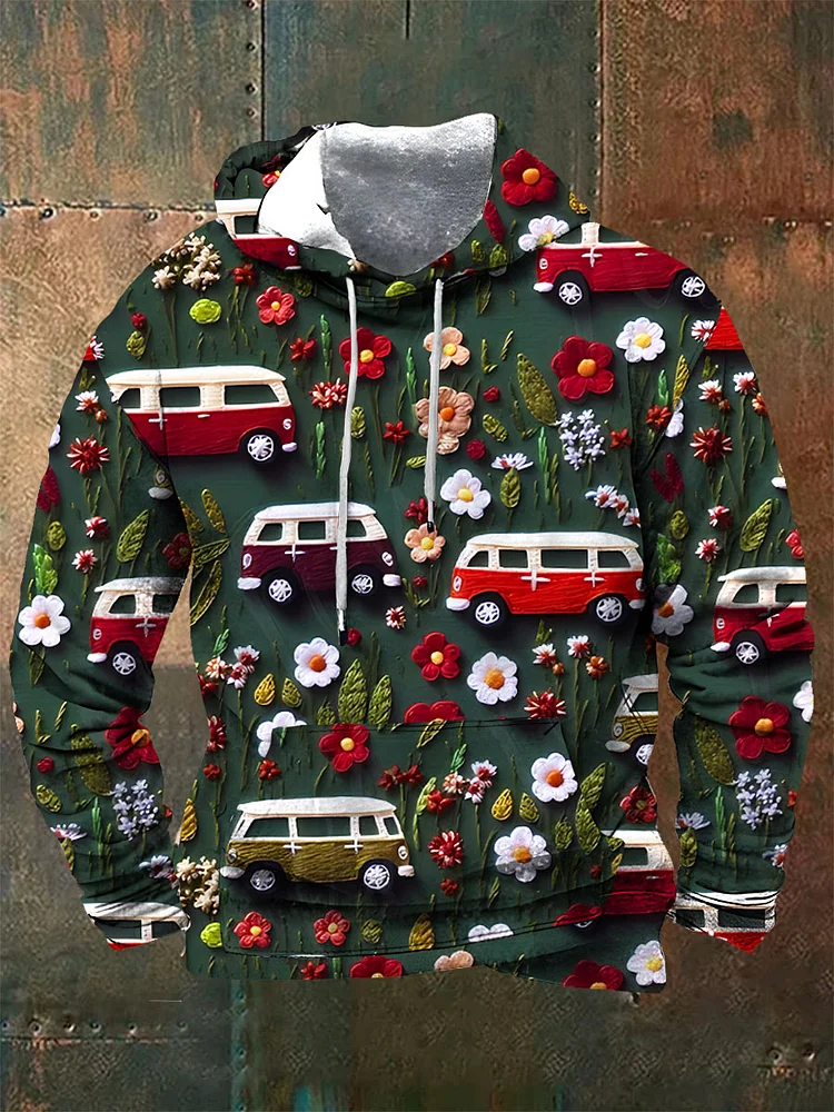 Comstylish Retro Christmas Flower Bus Vintage Jacquard Knit Hooded Sweater