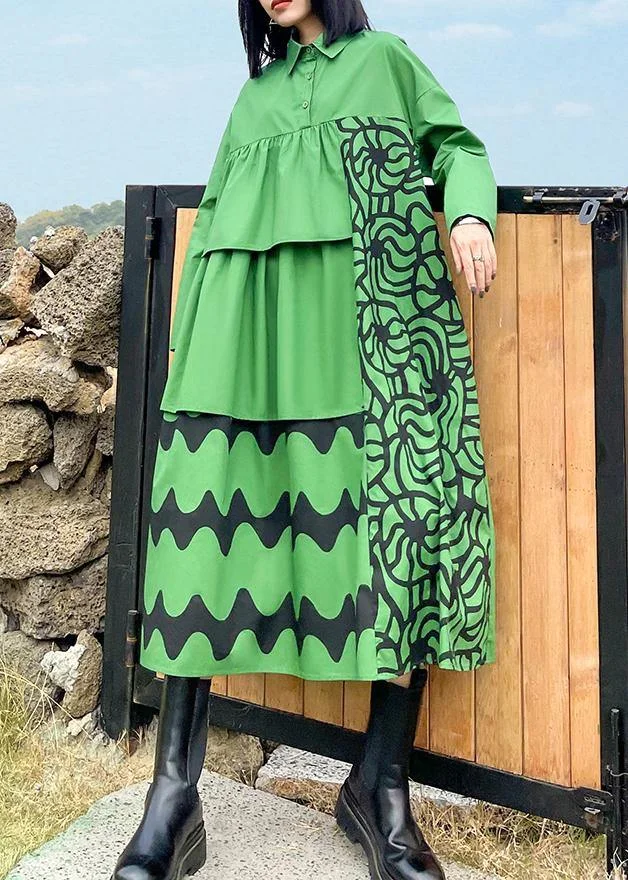 Classy Lapel Patchwork Spring Outfit Green Print Traveling Dresses