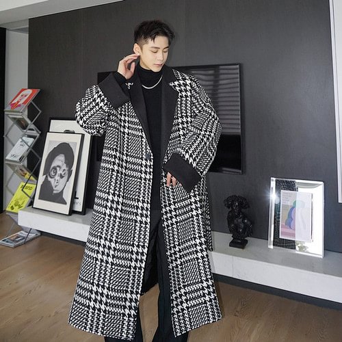 dawfashion-Woolen British Style Stitching Plaid Mid-length Thick Windbreaker-Yamamoto Diablo Clothing