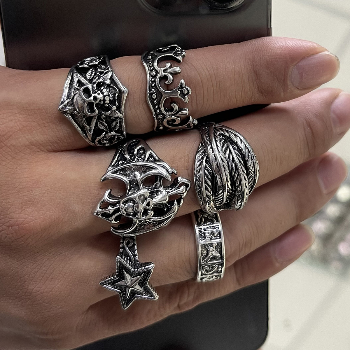 Dark Gothic Alloy Ring Set: Carve Soul Symbols with Edges as Blades