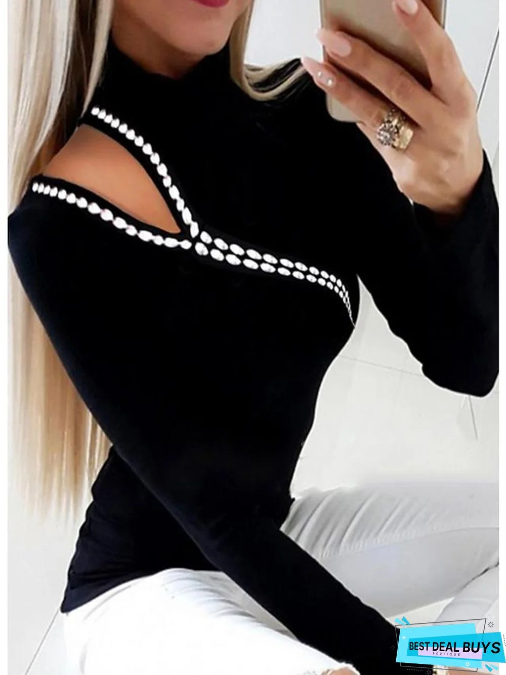 Women's Blouse Shirt Solid Colored Long Sleeve Round Neck Tops Slim Basic Top Black-0204807