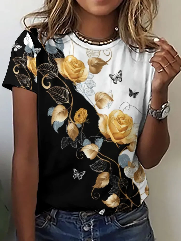 Printed Short Sleeve Casual T-shirt for  Women and Men Unisex Pattern Rose, Floral, Golden